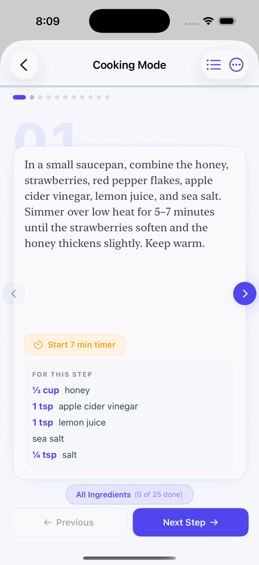 iOS cooking mode step view
