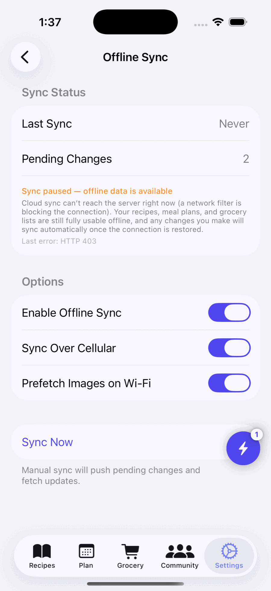 Offline Sync settings