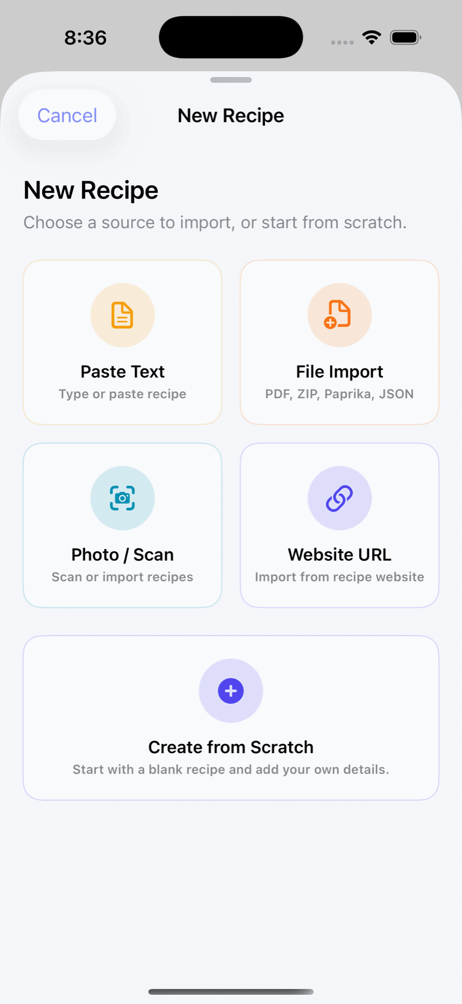 New Recipe source picker