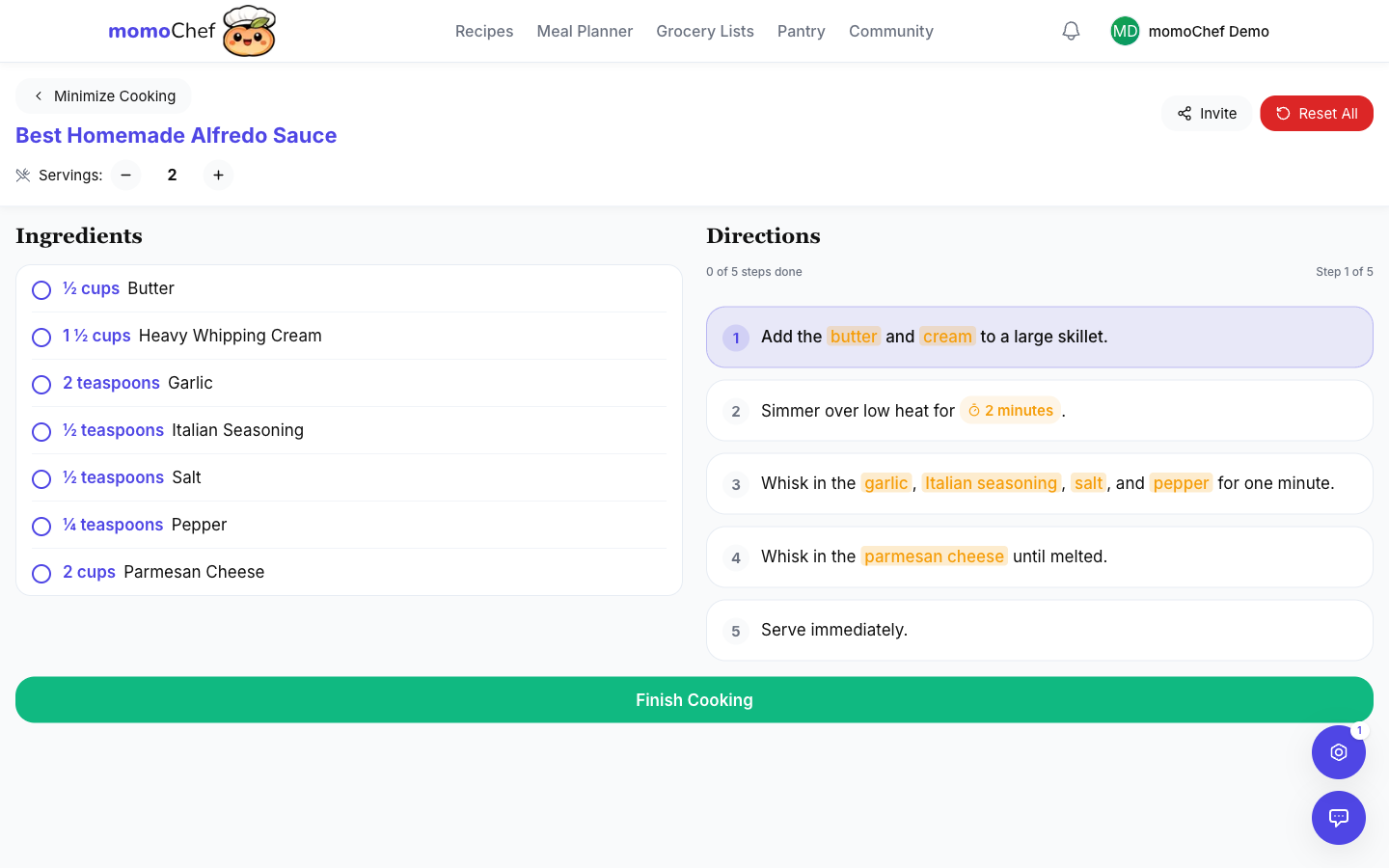 Web cooking mode